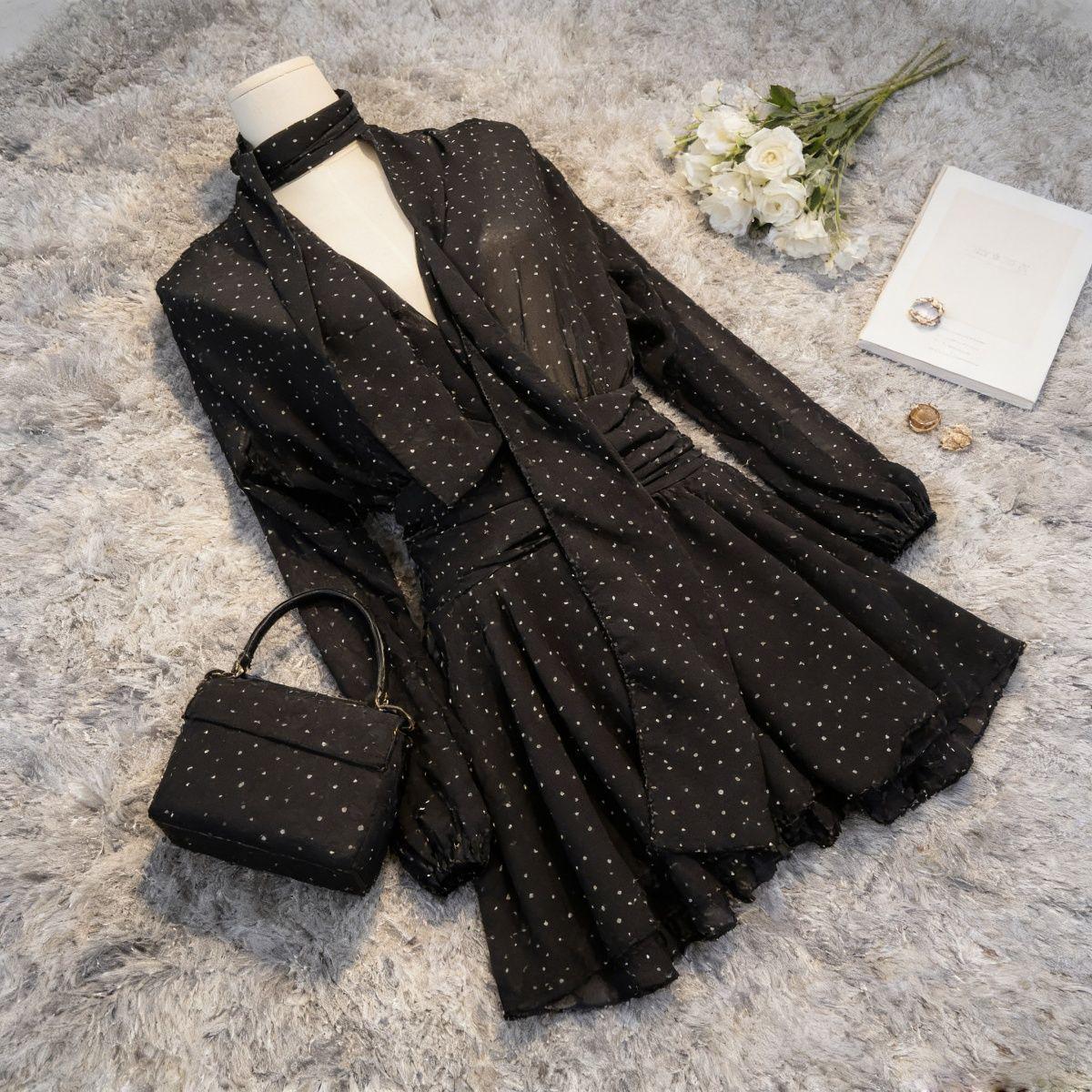 

Polka Dot Chiffon Long Sleeve Dress with Waist-Cinched Ruffle Skirt - French Style Spring Summer Elegance L