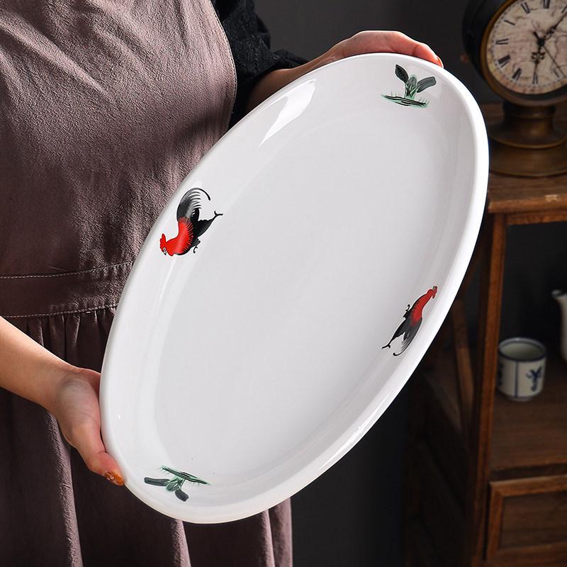 Ceramic Retro Rooster Oval Fish Serving Plate for Microwave & Hotel Use