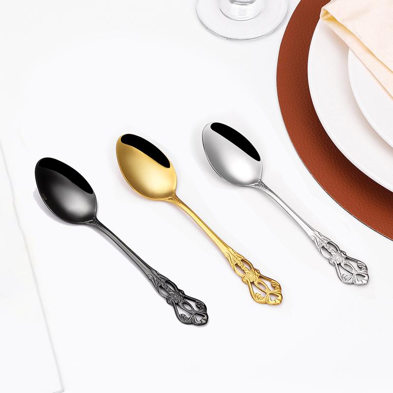 3/4/6/12Pcs Gold Dessert Spoons Stainless Steel Stiring Spoon Set Cake Salad Spoon Retro Black Thin Cutlery Luxury Sliverware