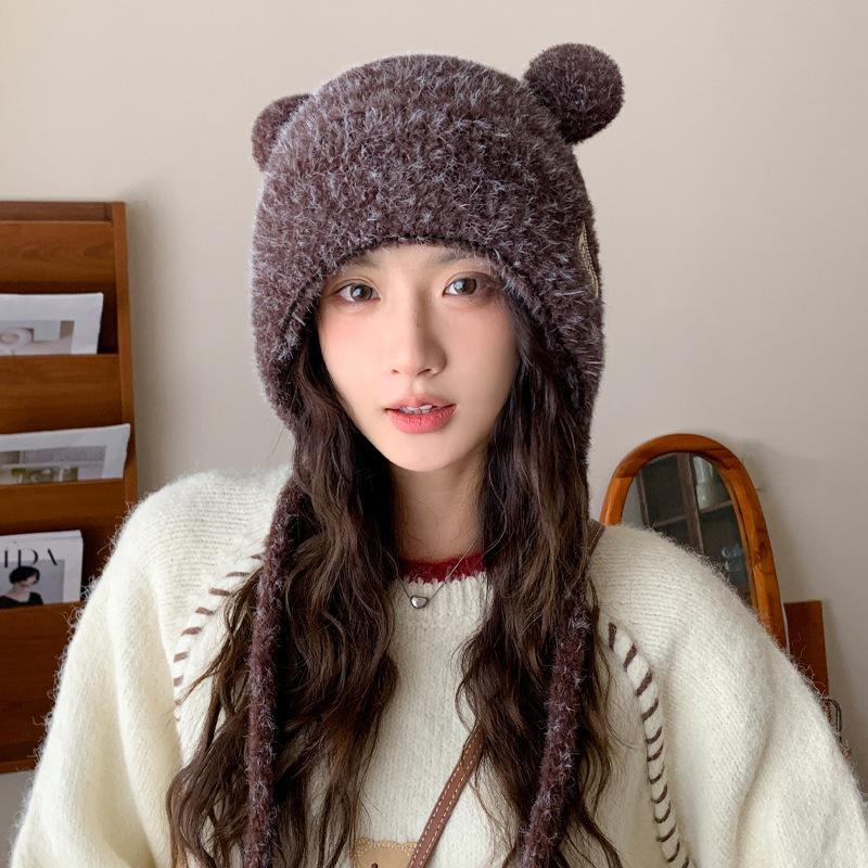 

Милая вязаная плюшевая шапка с ушками медведя, осенне-зимняя теплая шапка с защитой ушей, шапка-мешок на голову, большой обхват головы, повседневная ветрозащитная шапка для женщин one size