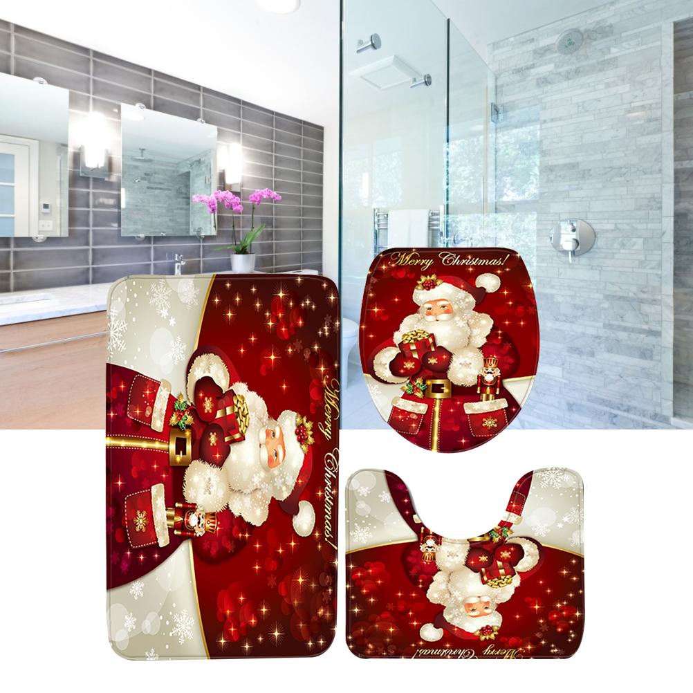 3Pcs Christmas Mat Sets Santa Claus Non Slip Mat Bathroom Doormat Toilet Seat Cover U Shaped Toilet