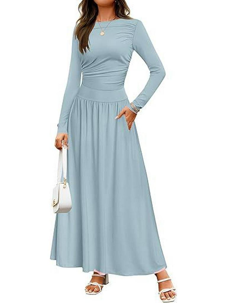 2025 Cross-border Women's Round Neck Pleated Pocket Slim Fit Long Sleeve Knit Dress