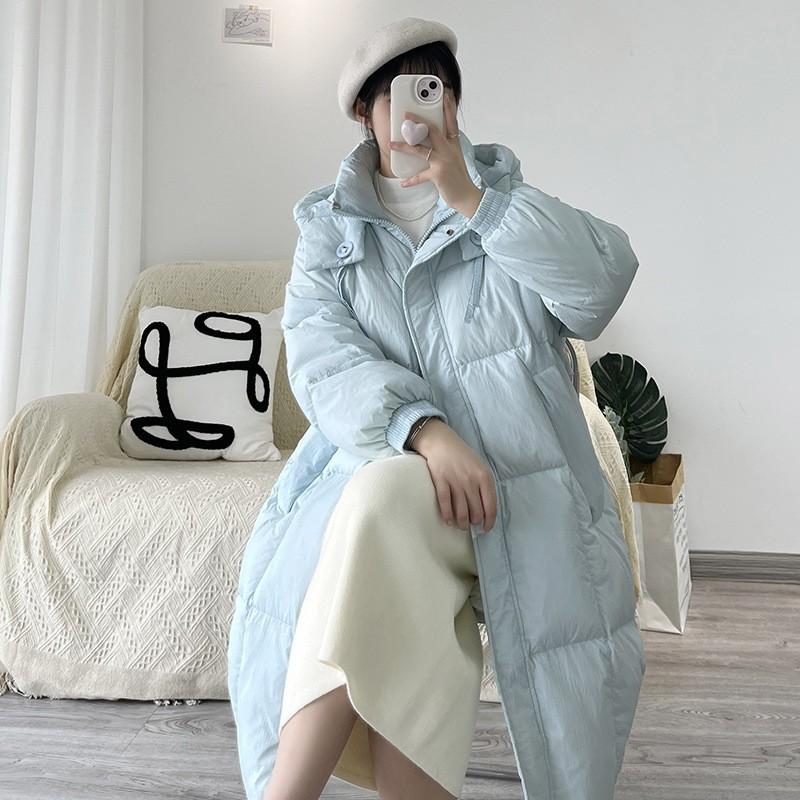 High-rise white duck down long down jacket women's 2024 new thickened hooded sweet warm loose meat cover over the knee