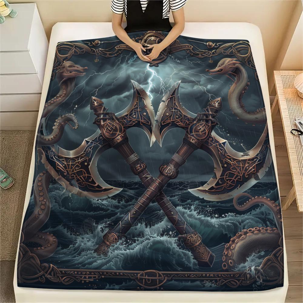 Viking Battle Axe pattern Flannel Blanket, High quality Comfortable for All Seasons, Home Decor, Warmth and Comfort, Perfect for Gifts.