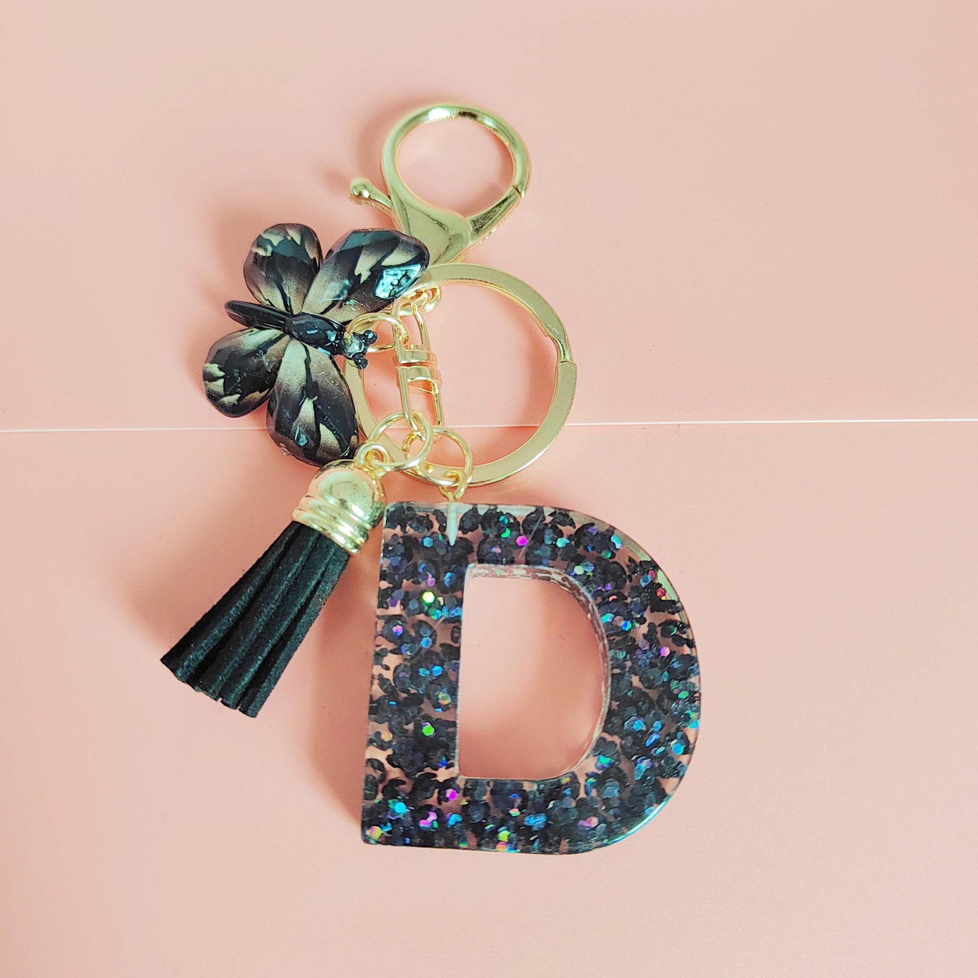 Black Crystal Butterfly Keychain with Epoxy Resin and Letter Pendant