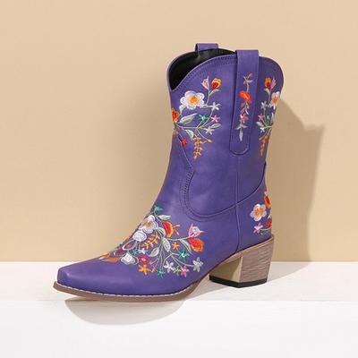 Klobige Absatzspitze Damenstiefel Retro Mittlerer Absatz Außenbekleidung Stickerei Weite Wade Über das Knie Stiefel für Damen Leder