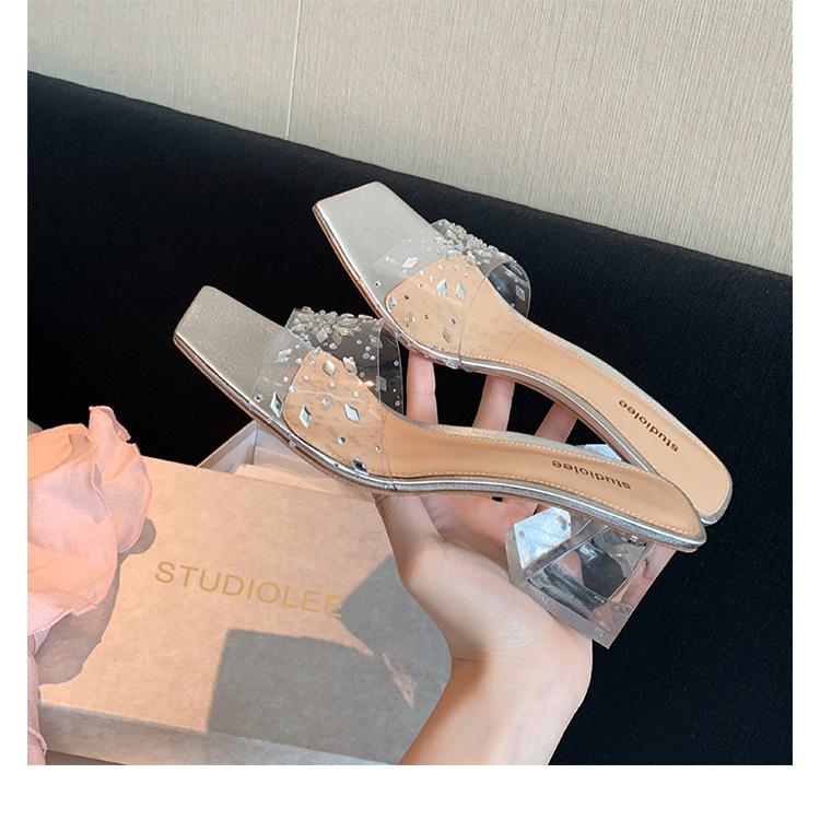 

Grape mother same G-end series~ square head rhinestone transparent pvc crystal thick heel slippers women s sandals outside 40