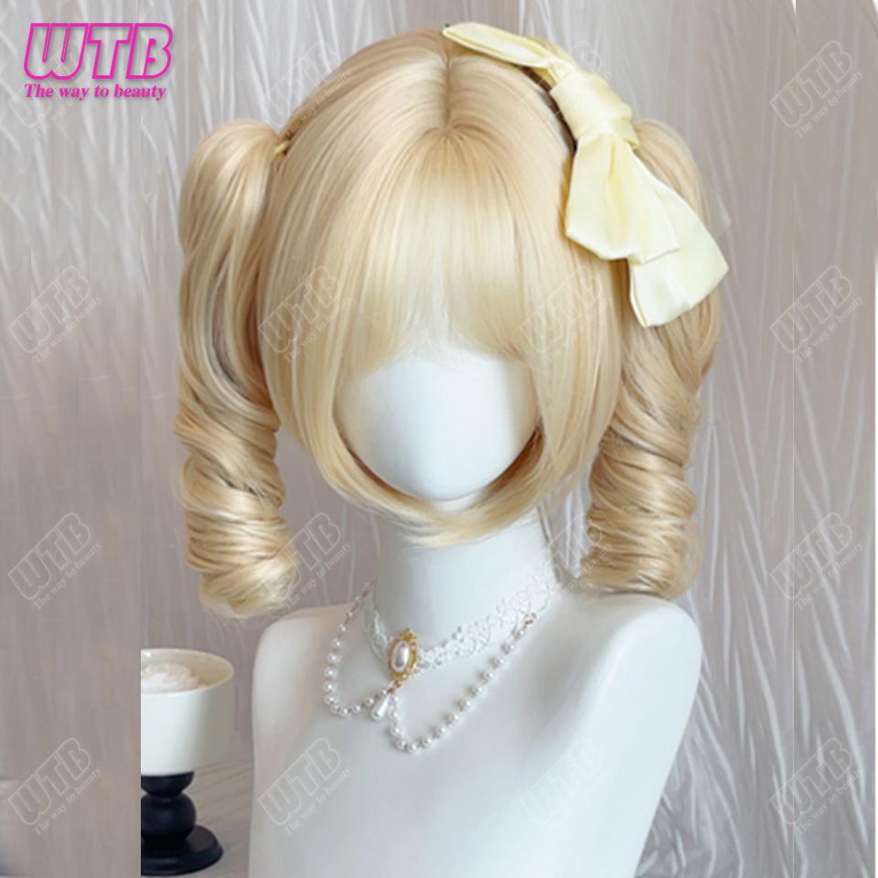 Synthetic Cosplay Wig Female Short Curly Hair Lolita Ponytail Bangs Wig Halloween Styling Wig