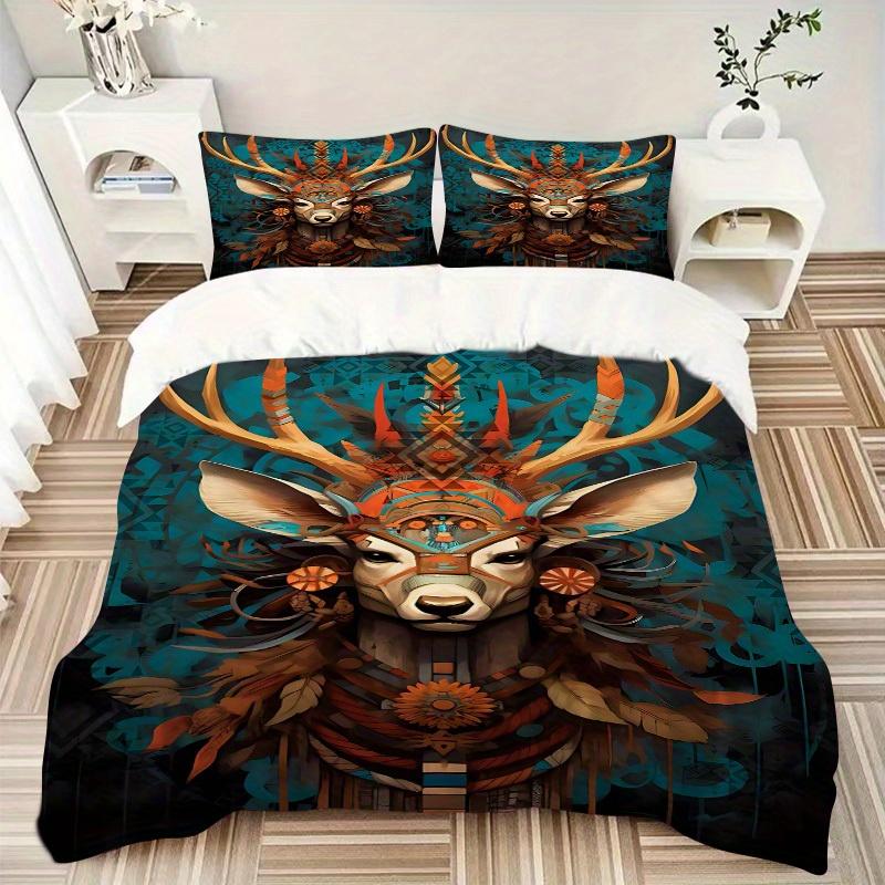 3pcs Deer Totem Soft Comfortable Bedding set, For Bedroom, Guest Room And Dorm, All - Season Use, High-Definition Printing174