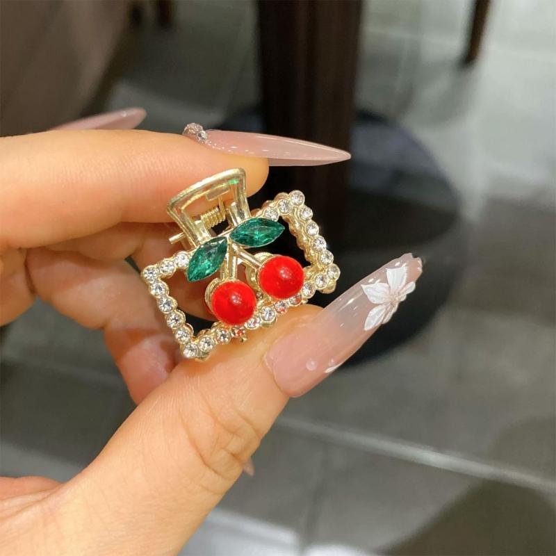 2Pcs Cherry Hairpin Small Side Claw Clip Sparkling Rhinestones Accent Zinc Hairpin For Women Girls Party Daily Use