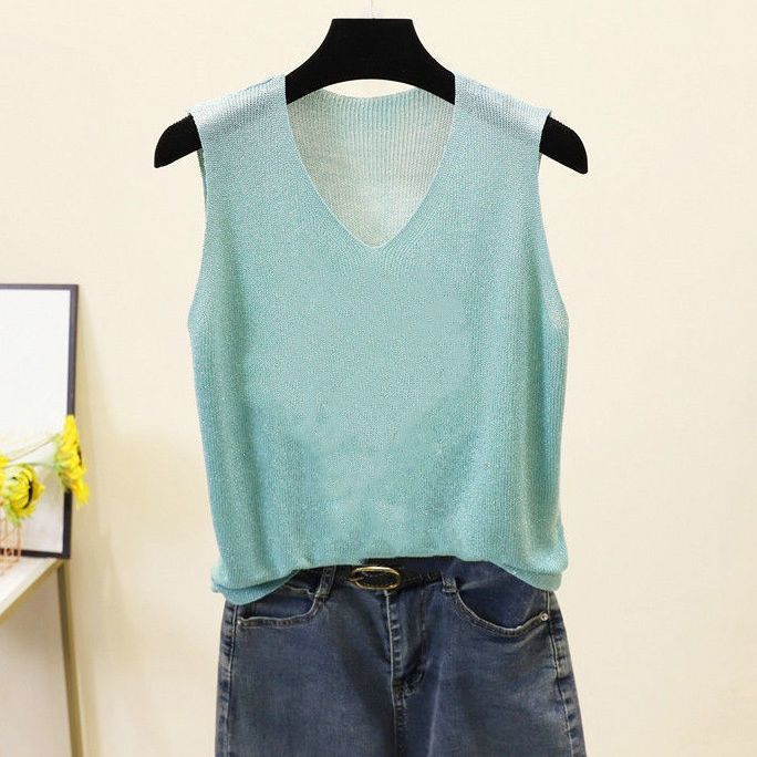 Loose Interior Plus Plus Sleeveless Ice Silk Knit Top with Rhinestones V-neck Camisole Women's Summer