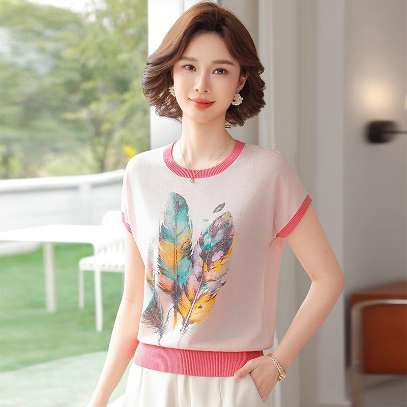 

Elegant Ice Silk Printed Round-Neck T-Shirt for Mature Women – Loose, Stylish Summer Wear XL (Recommended for 100-110 jin)