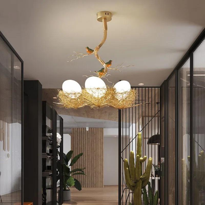 Modern Led Living Dining Room Kitchen Chandeliers Gold Bird Nest Egg Glass Ball Pendant Light Bedroom Loft Ceiling Hanghing Lamp