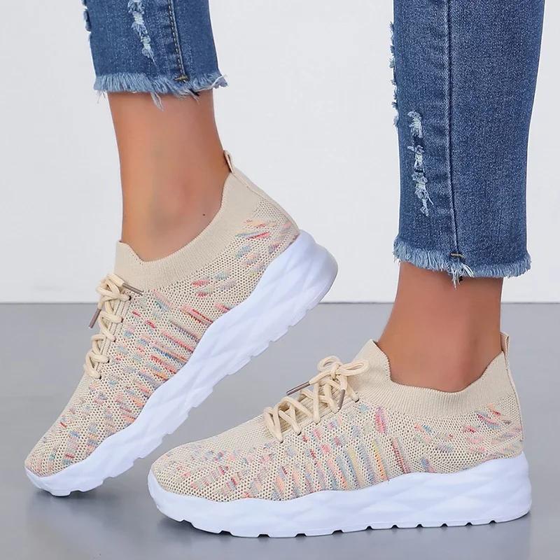 Fashion Mixed Color Knitted Platform Sneakers Women Spring Summer Casual Thick Sole Sports Shoes Woman Lace Up Non Slip Walking Shoes
