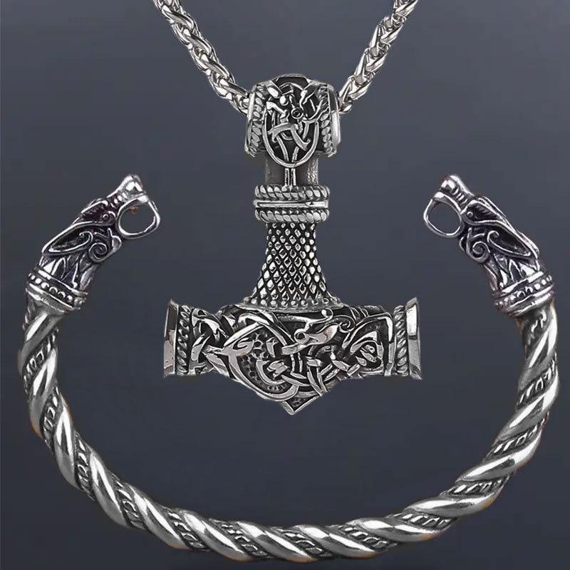 Панк Ретро Набор Браслет и Ожерелье с Головой Молота и Головой Волка