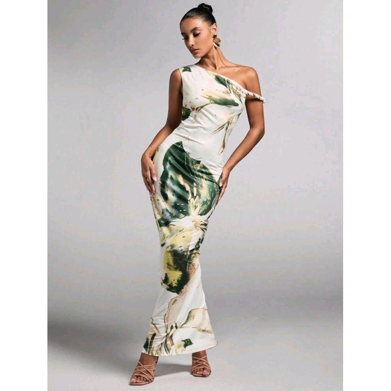 

European and American Women clothes Summer New Casual Flower Print Sleeveless Pleat One Shoulder Slim fit Long Dress Green S