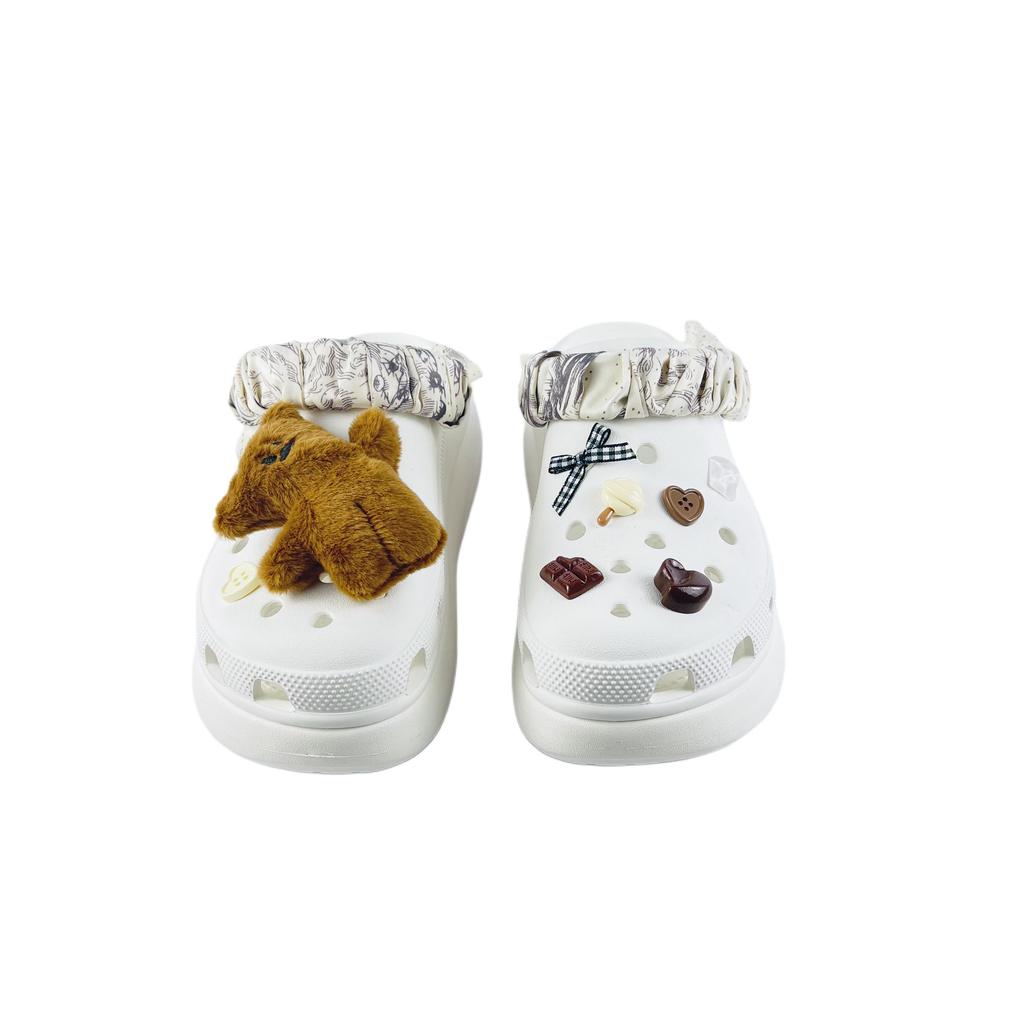 Crocs Crush Clog EVA Bear Buttons Fashionable and Versatile Comfortable Casual Hole Shoes Unisex White