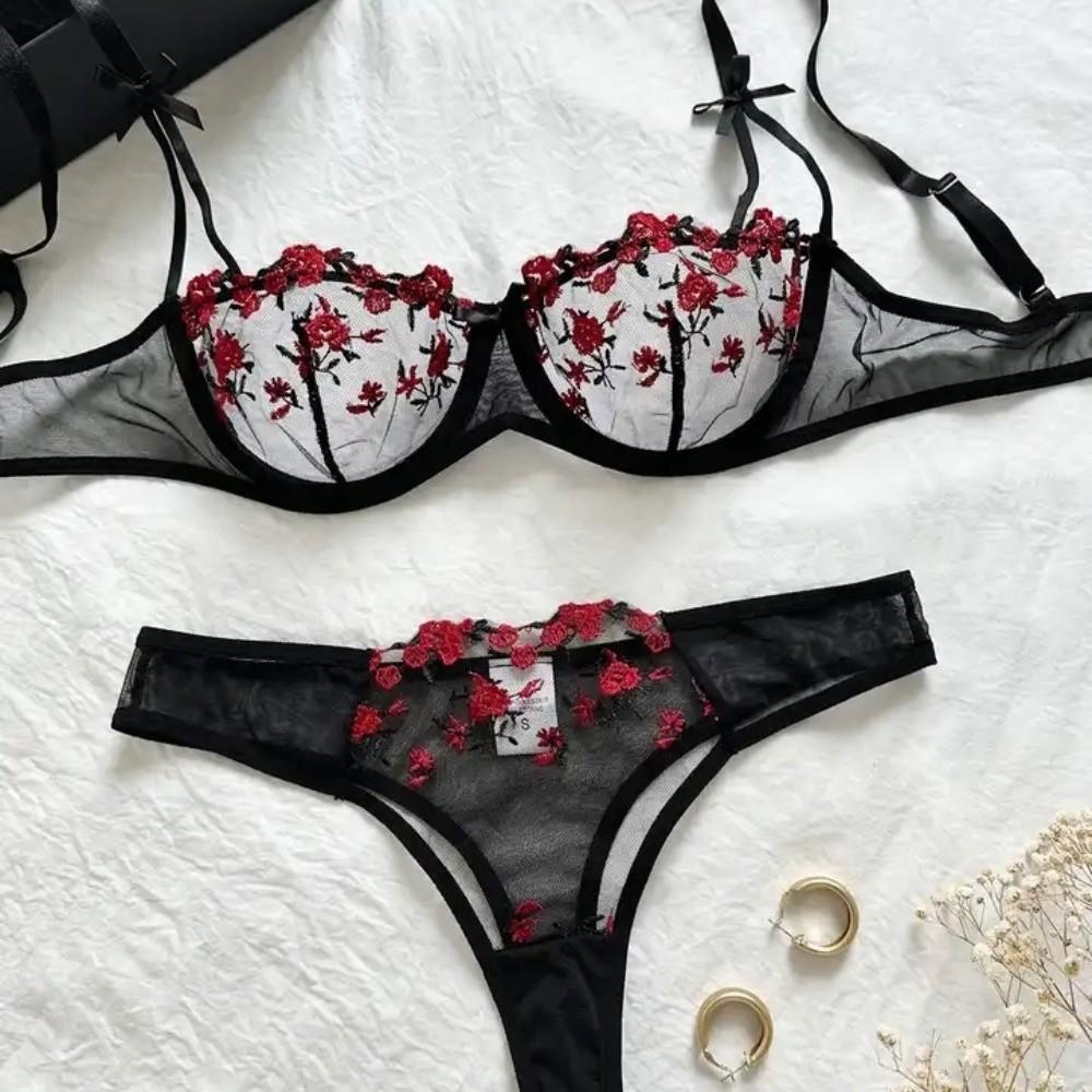 2pcs Set Sexy Bra Panties Set Mesh Push Up Bra Women Sweet Lace Flower Bra Girl
