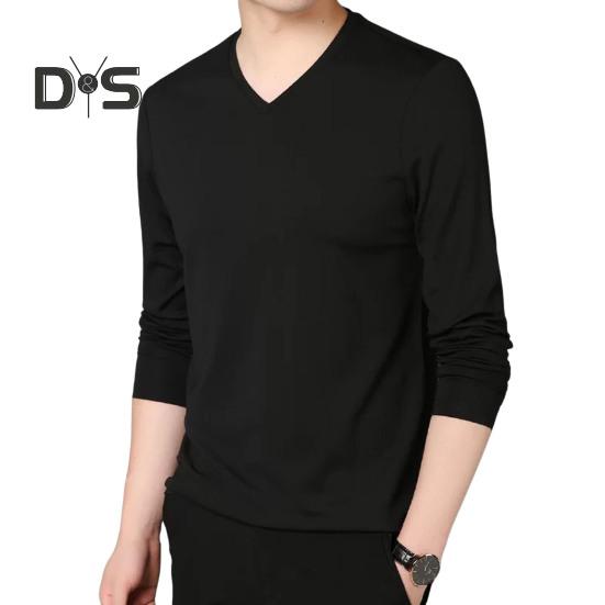 Men Fall Spring Top V Neck Long Sleeves Pure Color Slim Fit Thin Pullover T-shirt Daily Wear Sport Homewear Clothes