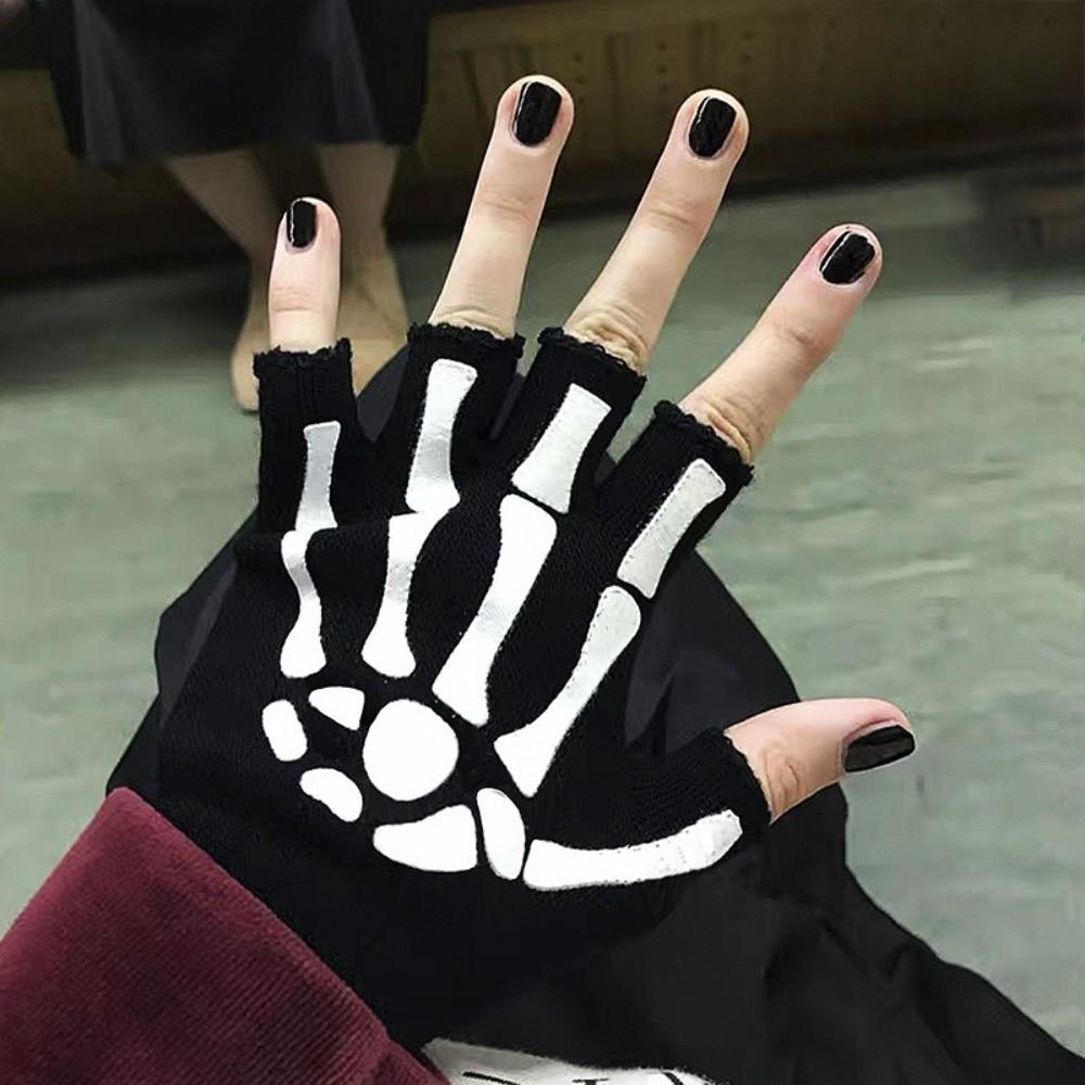 Stretch Halloween Skeleton Gloves Black Skull Half Finger Gloves  Winter Season