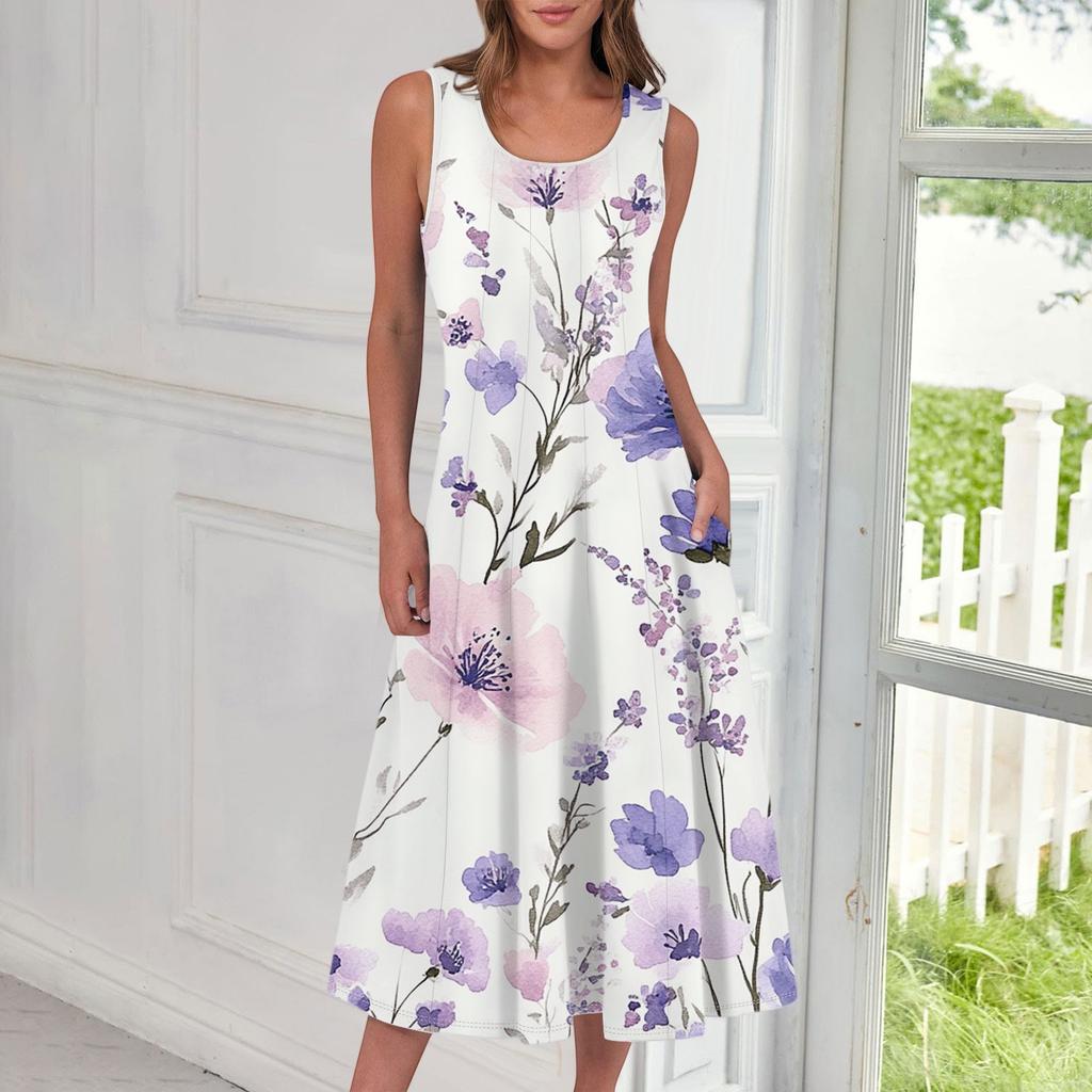 Women's Casual Fashion Floral Print Round Neck Sleeveless Midi Dress