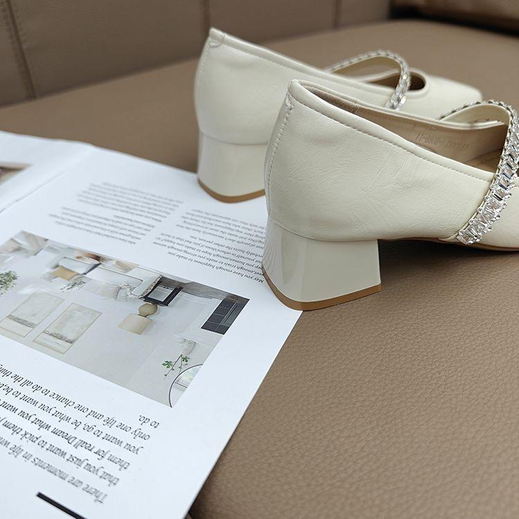 French Temperament Rhinestone Mary Jane Single Shoes Girl 2025 Summer Square Head Retro Thick Heel Elegant Fairy Style with Skirt