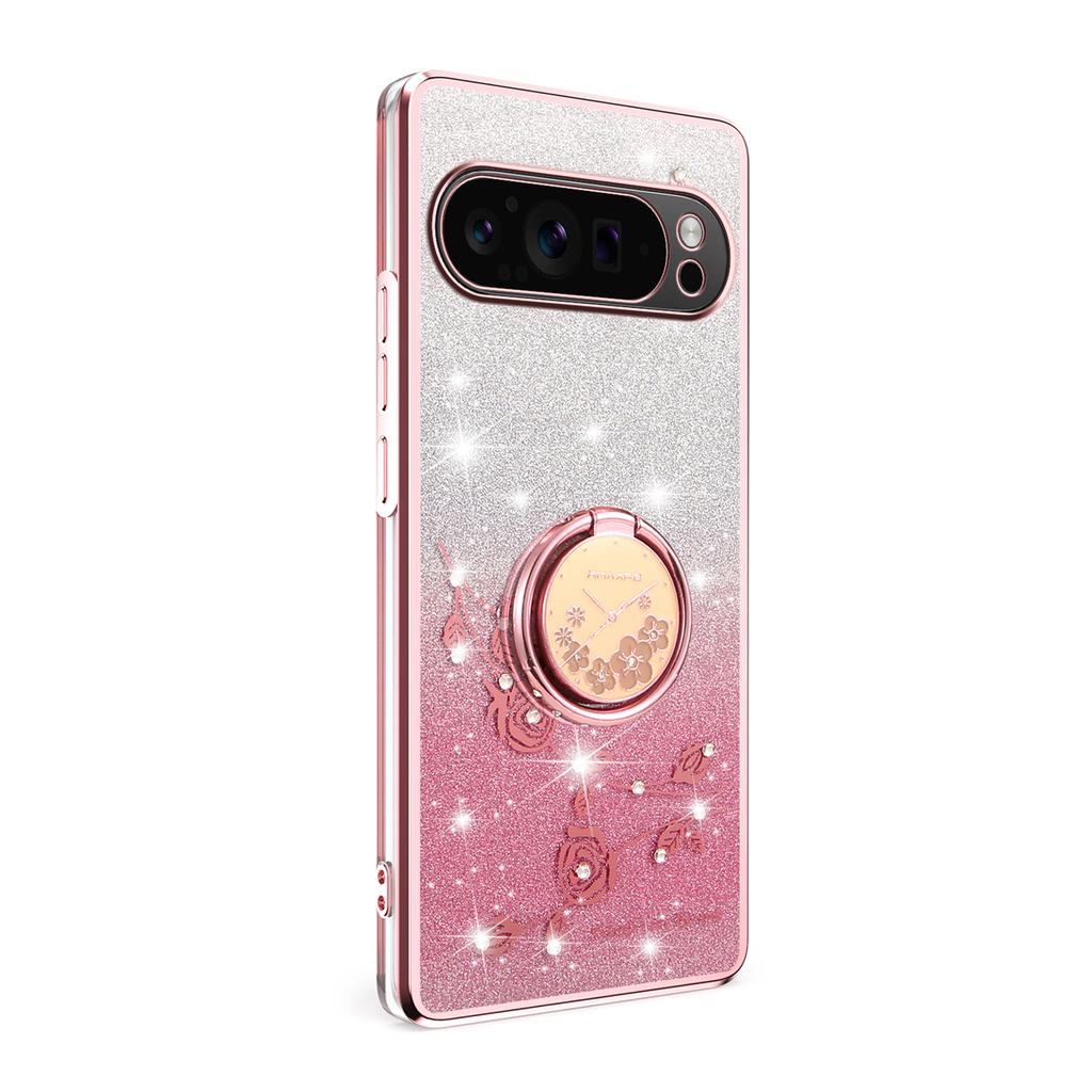KADEM For Google Pixel 10/10 Pro Case Ring Kickstand TPU Flowers Phone Cover Gradient Glitter