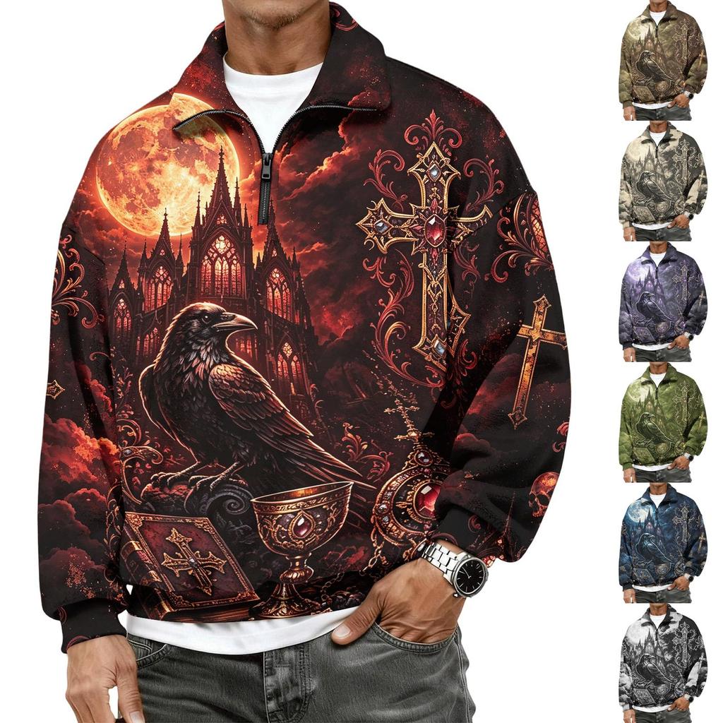 Men's Casual Flannel 1/4 Zip Long Sleeve Sweatshirt with Halloween Print