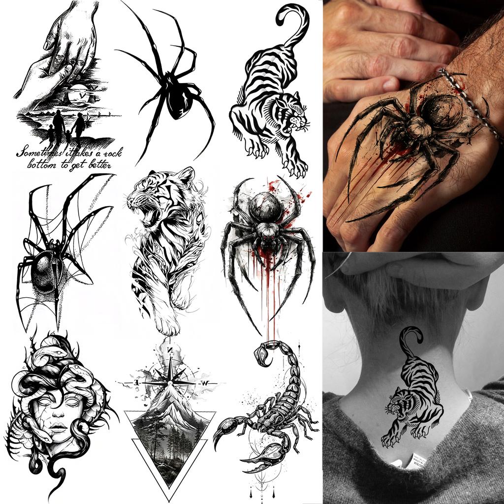 1 Sheet Spider Medusa Tiger Temporary Tattoos For Adult Hands Neck, Halloween Temp Fake Tattoo Sticker Realistic Tatoo Last Long