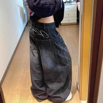 ZYLLO Jeans Femme Taille Haute Design Vintage Hip Hop Droit Ample Pantalon en Denim Street Y2K Style Américain Jambe Large Pantalon en Denim