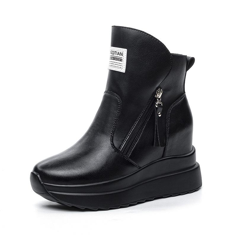 Genuine Leather Shoes Women Fashion Boots 9cm Height Increasing Shoes Flat Platform Ladies Ankle Boots Black Beige