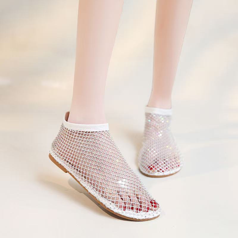 Fashion 2025 Women's New Luxury Brand Round Toe Flat Bottom Sandals Hollow Short Boots Water Diamond Sexy Flat Slippers Sandals