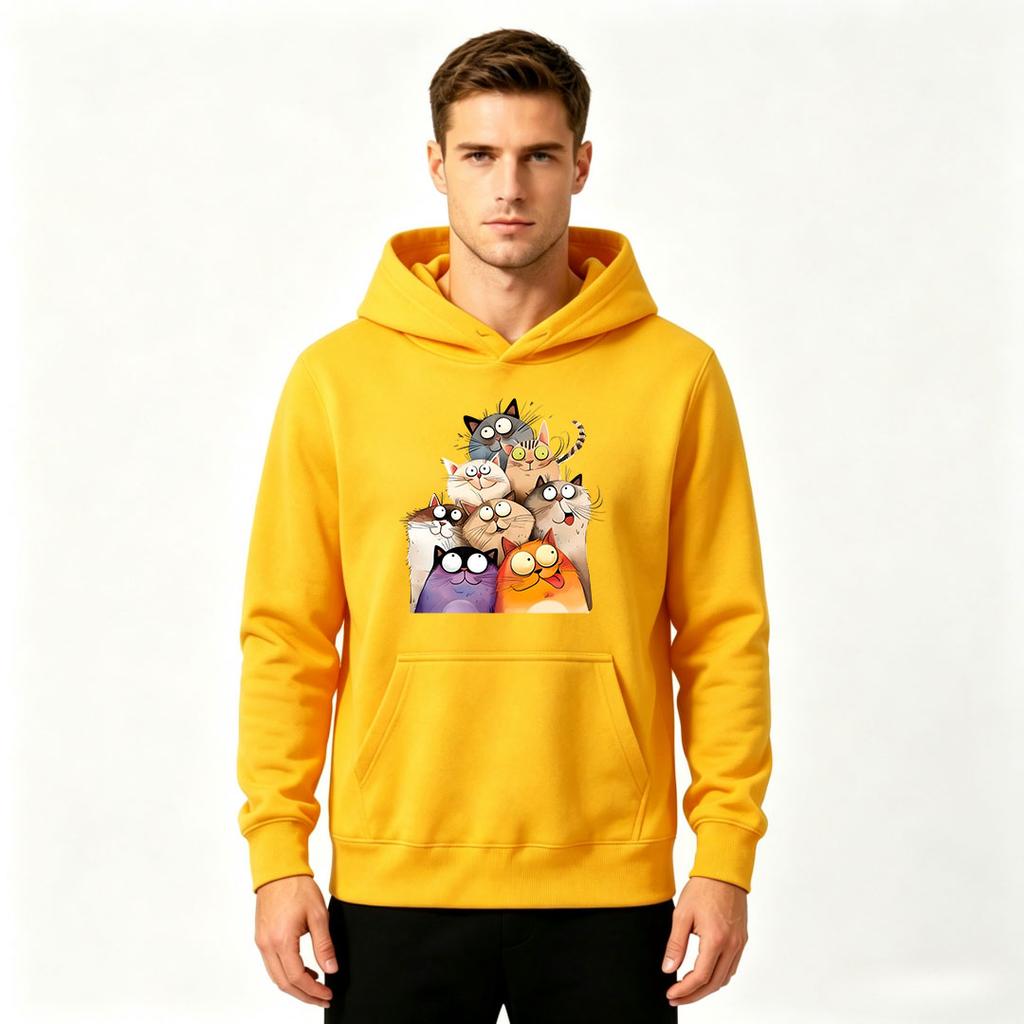 Men's Crewneck Hoodie, Funny Cartoon Cats Graphic Print Casual Loose Sweatshirt for Men