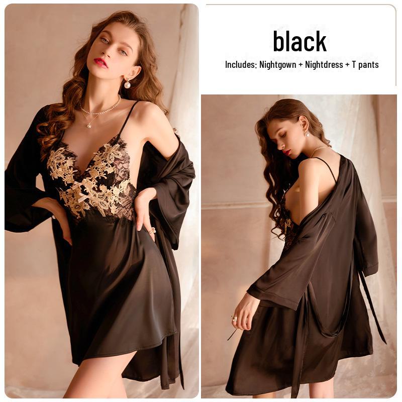 Meishilan Ice Silk Lace Flirtatious Nightdress and Bathrobe Set