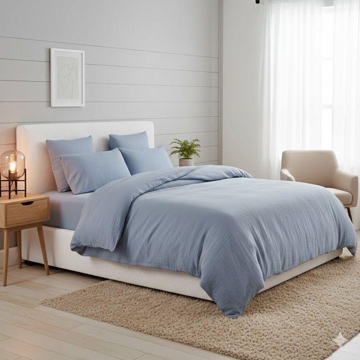 Parure de lit gaze de coton lave 220 x 240 cm Douceur bleu givree