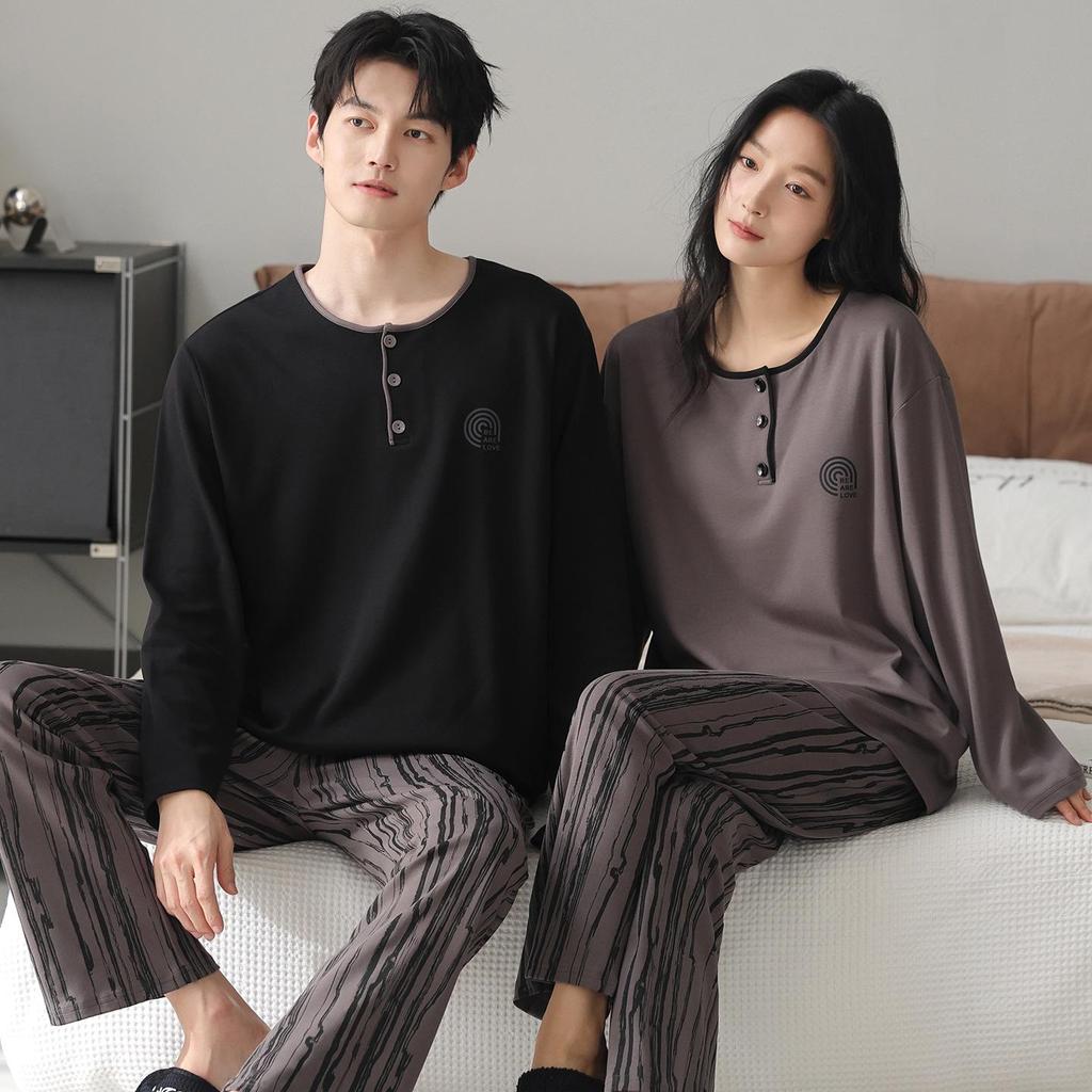 2025 New Couple's Pure Cotton Striped Pajama Set - Long Sleeve for Spring and Autumn