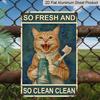 2D Flat, 1pc Funny Orange Tabby Cat Bathroom Aluminum Wall Decor Sign - Vintage "So Fresh & So Clean" Metal Plaque with Ginger Cat & Toothbrush