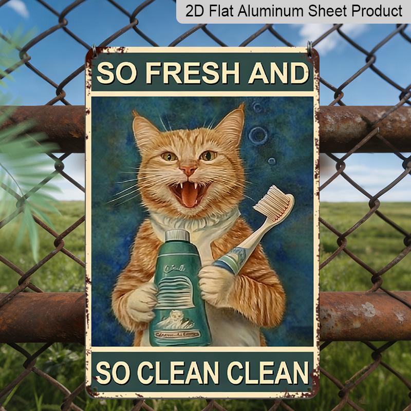 2D Flat, 1pc Funny Orange Tabby Cat Bathroom Aluminum Wall Decor Sign - Vintage "So Fresh & So Clean" Metal Plaque with Ginger Cat & Toothbrush