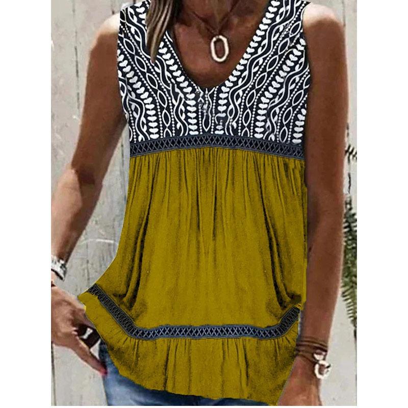 Summer Lace Patchwork Sleeveless Loose Blouse Women Tops V Neck Pleated Elegant Plus Size Shirts for Women Fashion Print Simple Blouses 24530