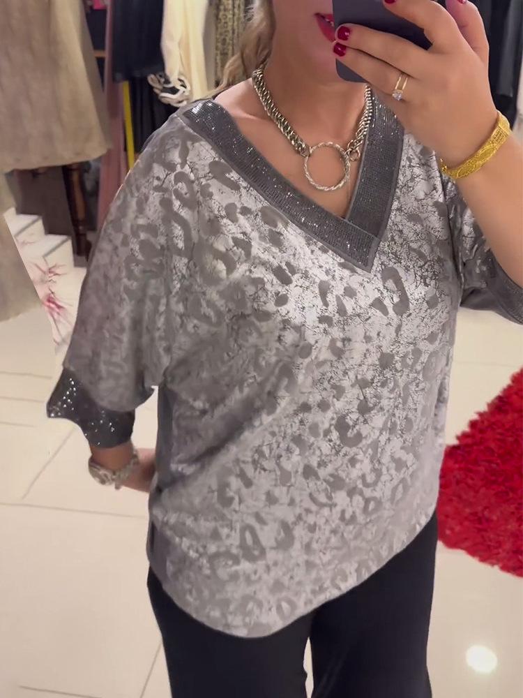 2024 Autumn/Winter European & American V-neck Printed T-shirt Women's Fashion