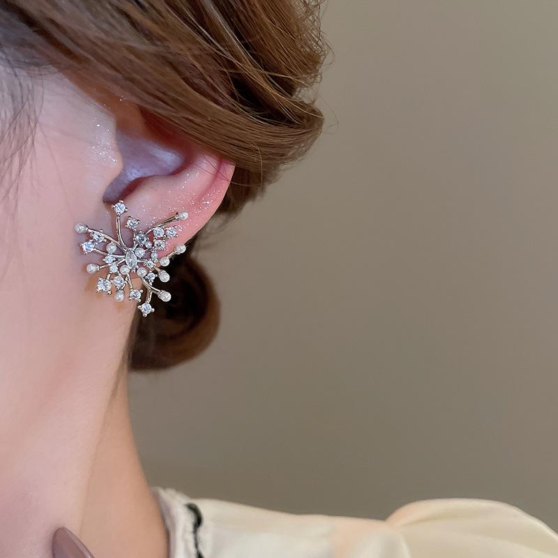 Silver Needle French Irregular Zircon Pearl Fireworks Niche High-end Earrings for Girls Gifts.