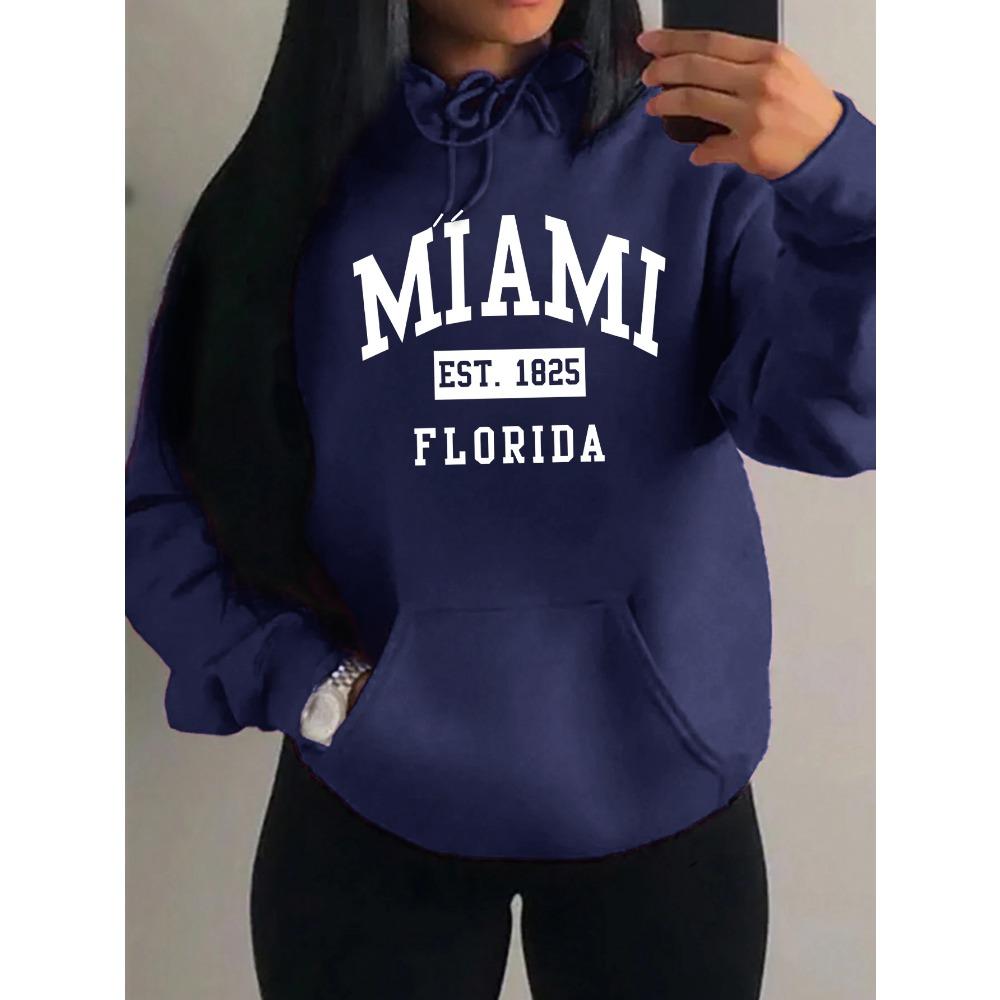 Miami Est 1825 City Art Letter Prints Women Hoodie Pocket Streetwear Harajuku Loose Hoody Fleece Female Clothing