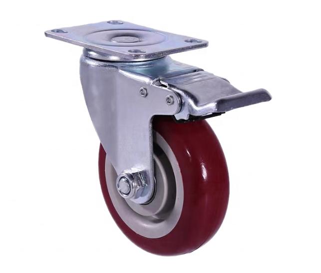 Adjustable 3" 4" 5" Red Universal Industrial Heavy Swivel Casters PU Medium with Brake Rotate Plate Furniture Workshop
