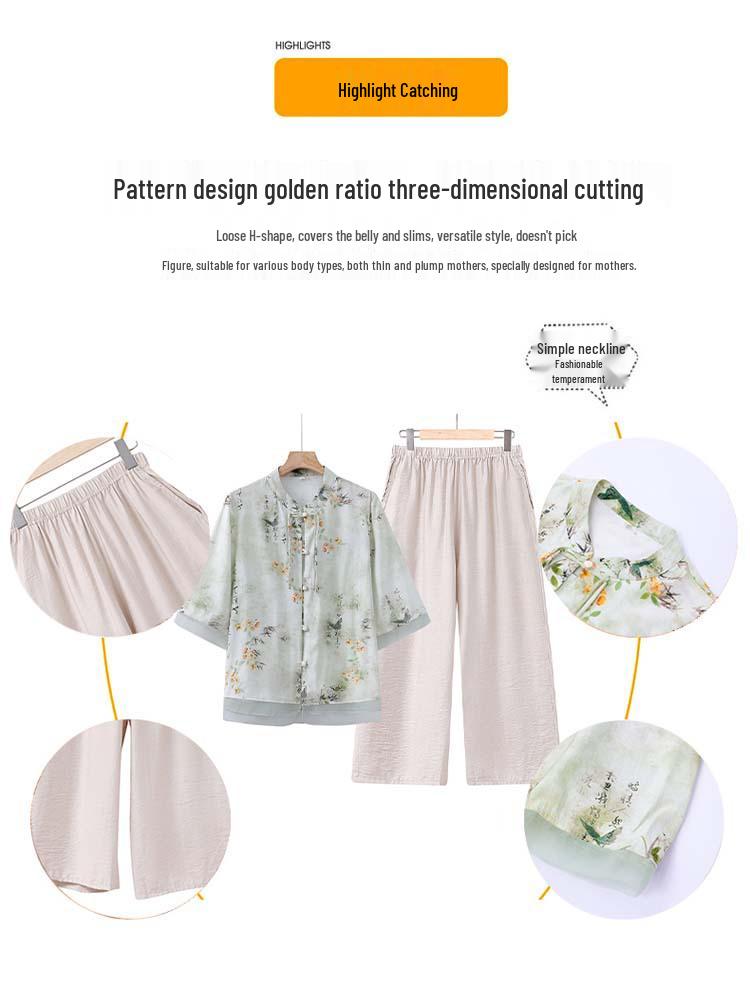 Chinese-Style Cotton Linen Two-Piece Set for Middle-Aged Women - Mid-Sleeve Summer Top