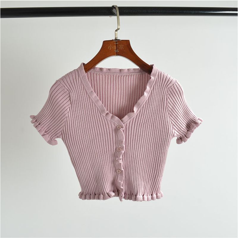

Thin V-neck Top Slim-Fit Short-Sleeved T-shirt Knitted Cardigan Lotus root color One size