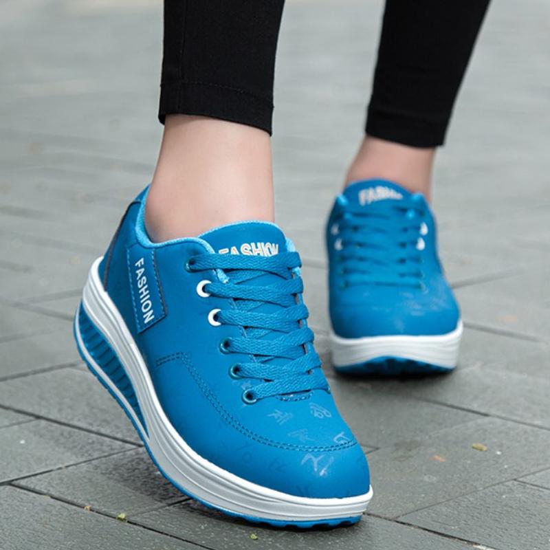 Fashion Women Running Sports Shoes Rocker Shoes Breathable Platform Shoes PU Leather Casual Walking Wedge Heels