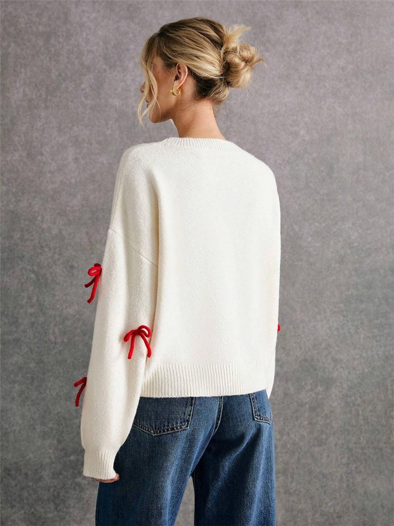 Red Bow Knot Loose Fit Crewneck Pullover Sweater Autumn Top