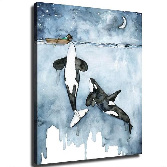 ניקאו אורקה ונערה הדפס קנבס ציור בצבעי מים אמנות קיר לווייתן קטלני פוסטר חיי ים ציור קנבס אמנות קיר תמונה מתנה חדר שינה בית