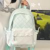 Schoolbag Sea Salt Blue and White Plaid Splicing Lace Backpack Sweet Junior High School Schoolbag Women Travel Small Backpack