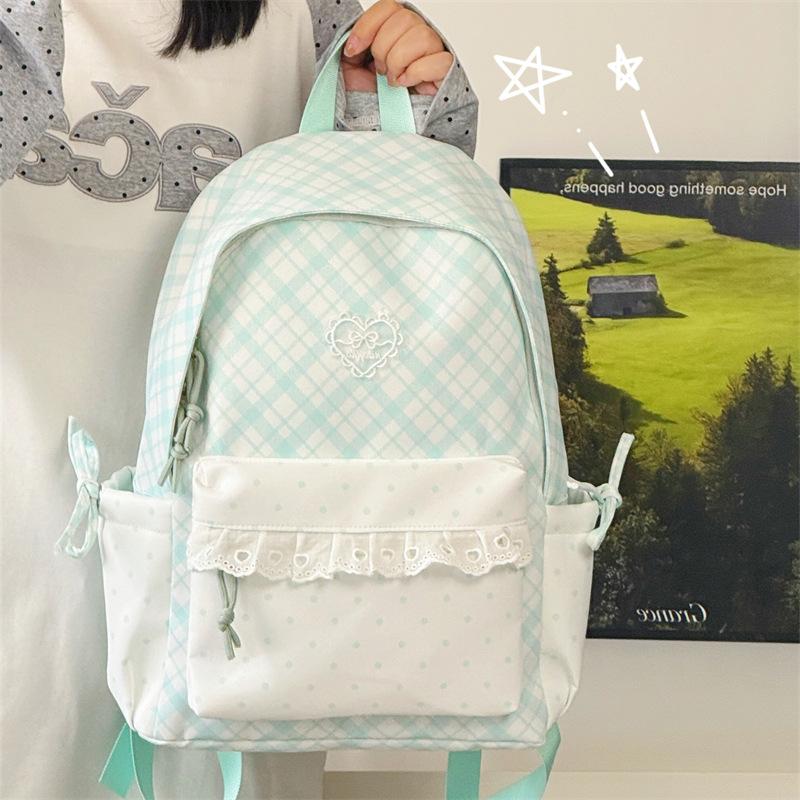 Schoolbag Sea Salt Blue and White Plaid Splicing Lace Backpack Sweet Junior High School Schoolbag Women Travel Small Backpack